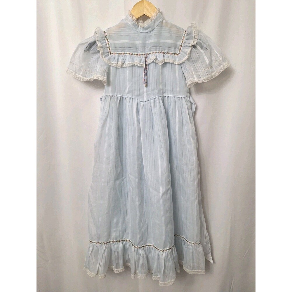Vintage 70s Cinderella Brand Dress Girls Sz 7/8 Blue Satin Ruffles Embroidered